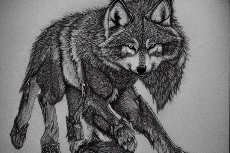 Image similar to a pencil drawing of a wolf, full body, D&D, armor, made by by Pen Tacula