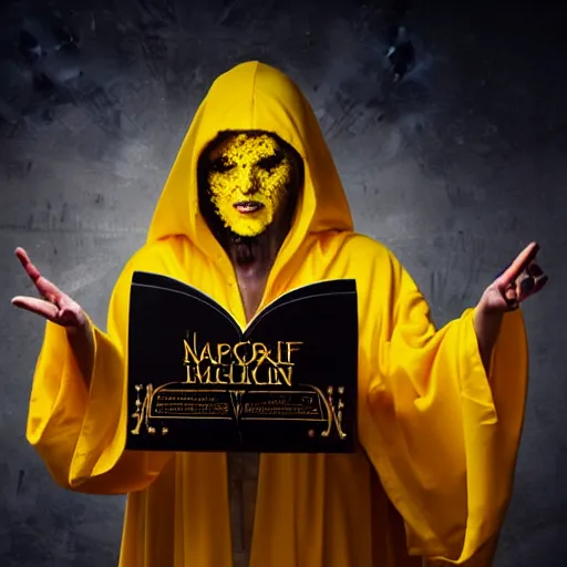 Prompt: award - winning. hyper - realistic. cinematic. 4 k. a person wearing hooded frayed yellow robes casting a spell while yellow magic runes float behind them. dark background