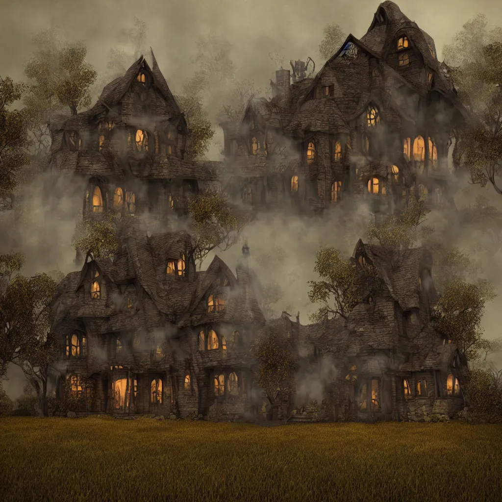 Prompt: fabricate an old witch house in style of wizard of oz, lots of smoke, gloomy, soft yellow red, atmosphere, rooftop smoking,, cinematic, unreal engine, golden ratio, cosmic horror, realistic, photorealistic. realistic, 8 k octanerender