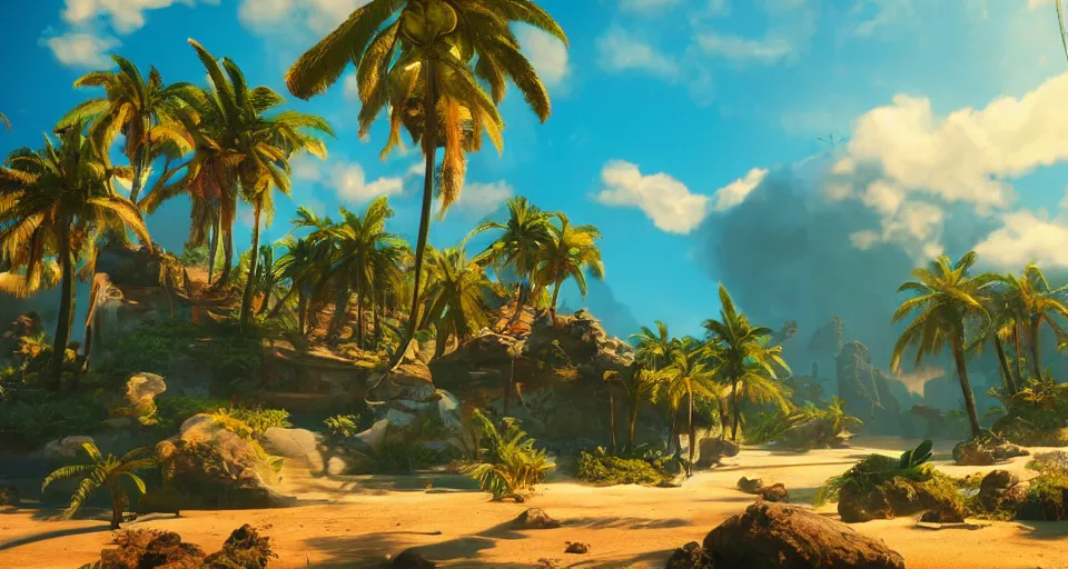 Image similar to An epic fantasy style painting of a sunny tropical paradise, unreal 5, DAZ, hyperrealistic, octane render, volumetric clouds dynamic lighting