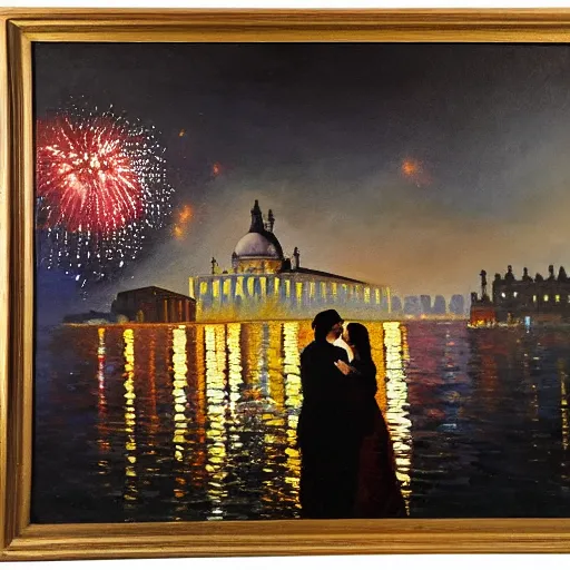 Image similar to an oil painting of couple kissing, in a background fireworks in venice