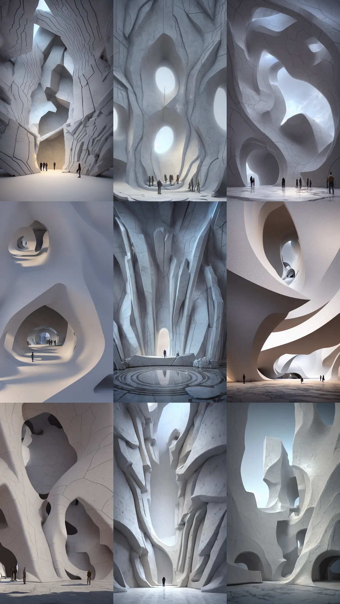 Prompt: the inside of a stone marble sculpture monument by tim blandin and arthur haas and bruce pennington and john schoenherr, architecture by zaha hadid, octane render, warm colour scheme, white, cinematic, scenery, high detail, high quality, close up angle, people walking