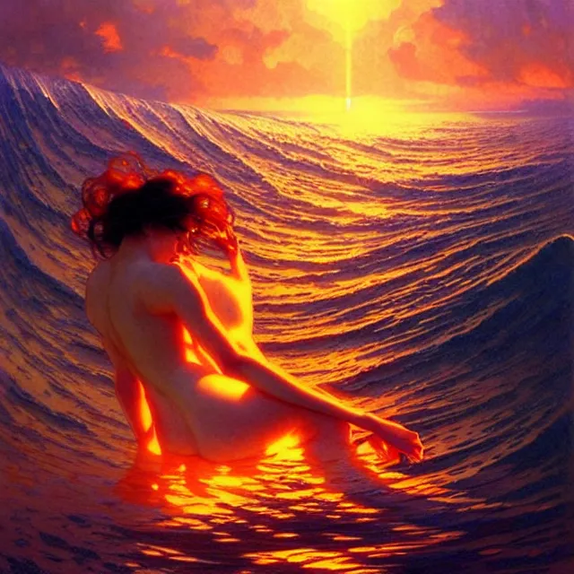 Image similar to mind bending ocean waves of glossy liquid psychedelic honey drops flowing like psychedelic translucent amber, lsd waves, lsd ripples, backlit, sunset, refracted lighting, art by collier, albert aublet, krenz cushart, artem demura, alphonse mucha