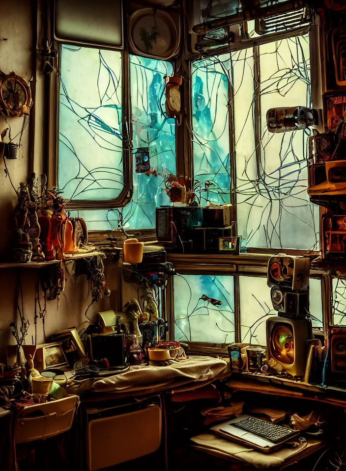 Prompt: telephoto 7 0 mm f / 2. 8 iso 2 0 0 photograph depicting the feeling of chrysalism in a cosy ( cluttered ) french sci - fi ( ( art nouveau ) ) cyberpunk apartment in a dreamstate art cinema style. ( ( computer screens, window rain, sink ( ( ( fish tank ) ) ) ) ), ambient light.