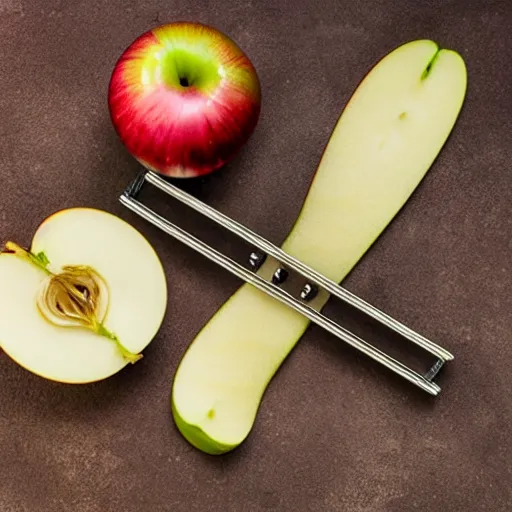 Image similar to set of balance scales with one apple in one side and one onion in the other