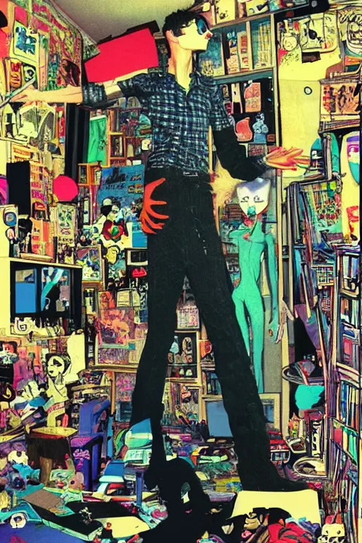 Image similar to a skinny goth guy standing in a cluttered 9 0 s bedroom by jamie hewlett, jamie hewlett art, full body character concept art, vaporwave colors, aesthetic!!,