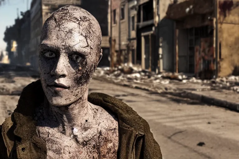 Prompt: vfx movie scene dilapidated mannequin in post apocalyptic street, natural evening light closeup by emmanuel lubezki