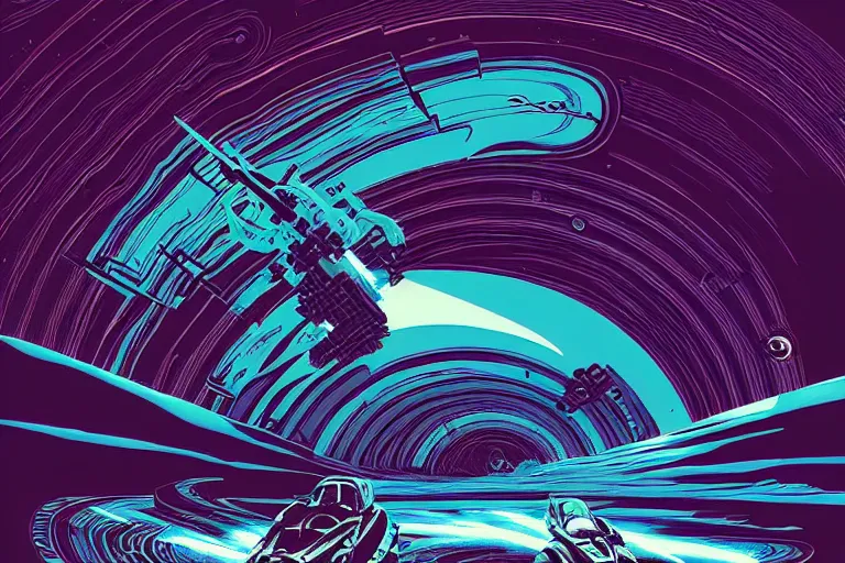 Image similar to artwork by kilian eng and ( dan mumford ) and toshi yoshida and franklin booth showing a speederbike race on the rings of saturn, vintage scifi, high details, dramatic lightning,, 8 k