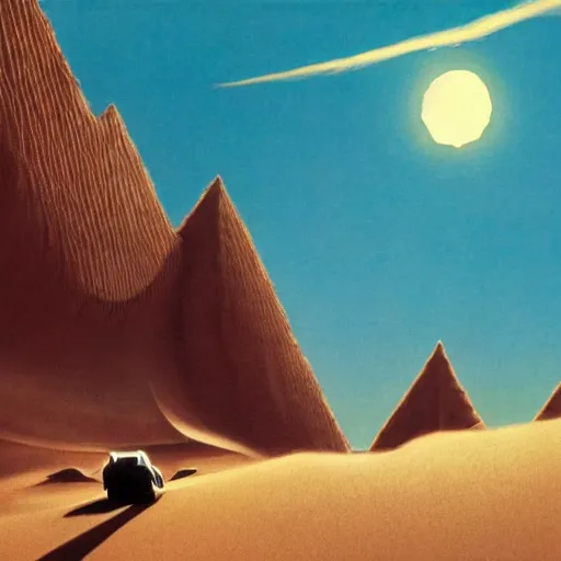 Image similar to Exploring Sand dunes on an alien planet, cinematic angle, cinematic lighting, blue sky, sun in the sky, by Syd Mead, John Harris, Federico Pelat