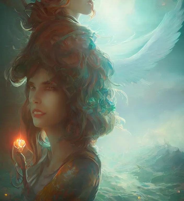 Prompt: centered waist up portrait photography an angel + bokeh + DOF + 8k, photorealistic + rendered in unreal engine + colors and composition by Peter Mohrbacher + line work by Dan Mumford