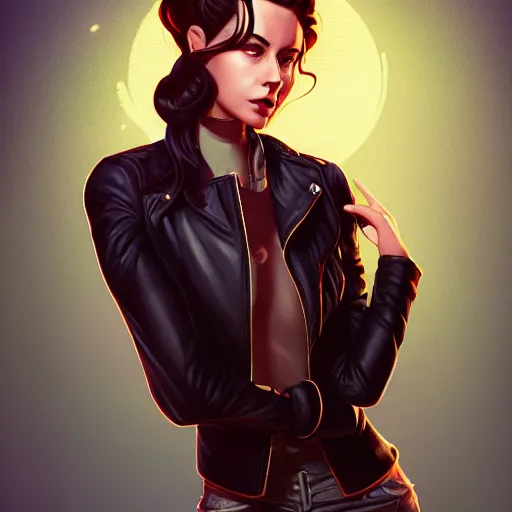 Image similar to a portrait of a beautiful willa holland pompadour long hair leather jacket, art by lois van baarle and loish and ross tran and rossdraws and sam yang and samdoesarts and artgerm, digital art, highly detailed, intricate, sharp focus, trending on artstation hq, deviantart, unreal engine 5, 4 k uhd image