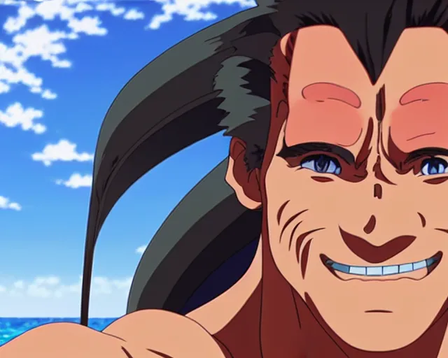 Image similar to anime fine details portrait of joyful Arnold Schwarzenegger at beach anime masterpiece by Studio Ghibli. 4k render.