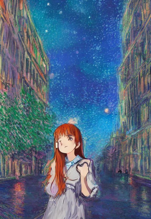 Image similar to wide angle portrait of a teenage girl, a thrifty outfit, very anime in impressionist style, city street view background, starlit night sky, trending artwork, illustrated in anime painter studio, by claude monet