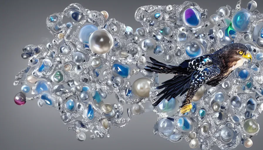 Image similar to diamonds, pearls, ice crystals, opals and other various gemstones being thrown around in the shape of a hawk by a tornado, museum sculpture, 4k, high quality photograph, award-winning