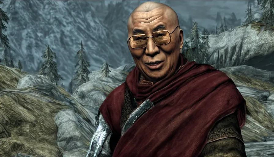 Prompt: skyrim character screenshot of the dalai lama, enb, 4 k, bokeh, beautiful, detailed