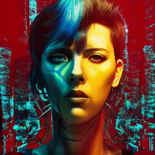 Prompt: photorealistic portrait of ghost in a shell, scarlet johansson, ready to fight, goth punk, vibrant yellow, blue, colors, surreal, a french baroque by by alexander mcqueen, hyper detailed, very detailed, photograph, cinematic lighting
