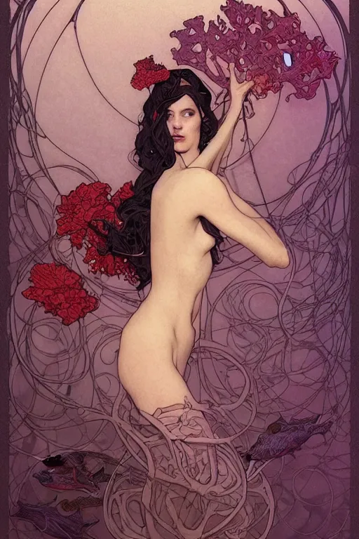 Image similar to profile portrait of a beautiful mysterious woman underwater, hidden hands holding a bouquet of flowers, corals and fish, by eve ventrue, michael carson, andreas rochas, john watkiss, casey weldon, artgerm. art nouveau. tarot card by mucha. gloomhaven. swirly intricate linework background. gaudy colors, sharp edges. octane render