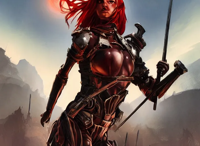 Image similar to poster!! beautiful new female character for 7 days to die, character concept art, action pose, illustration, full body armor, steel plating, huge weapon, super powers, athletic, long red hair, symmetry, intricate design, shiny, highly detailed, hd, dramatic lighting, art by artgerm and greg rutkowski