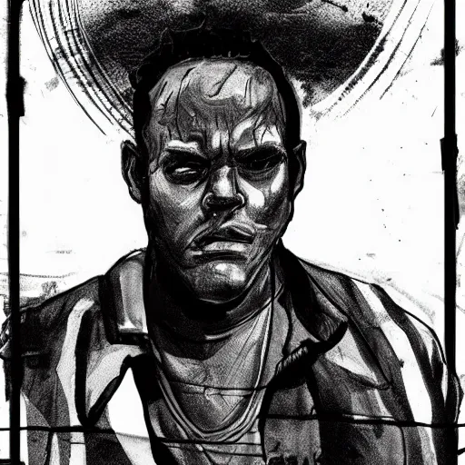 Prompt: street thug, character portrait, ink drawing, black and white, clean lines, clear face, concept art in the style of tim bradstreet
