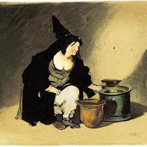 Prompt: An old witch dressed in black making potions in her cauldron. By Francisco de Goya.