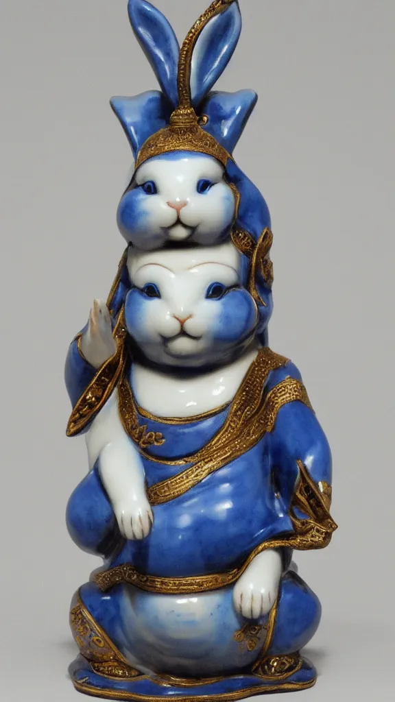 Prompt: porcelain rabbit head budda statue with blue arabesque details with a japanese kiseru in hand painted by john singer sargent