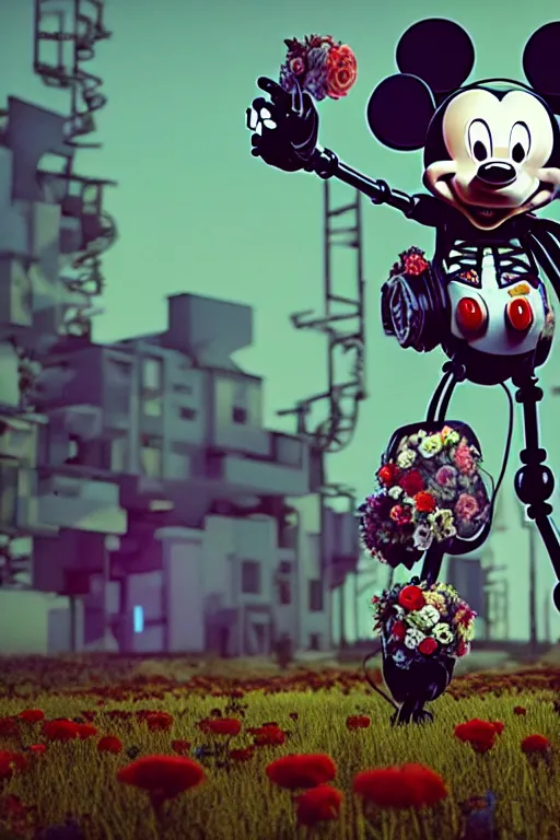 Image similar to a skeletal, mickey mouse made out of flowers and bones, walking with a robot, in the cyberpunk countryside, drones flying by beeple, nychos and arcimboldo, cinematic lighting, highly detailed octane render