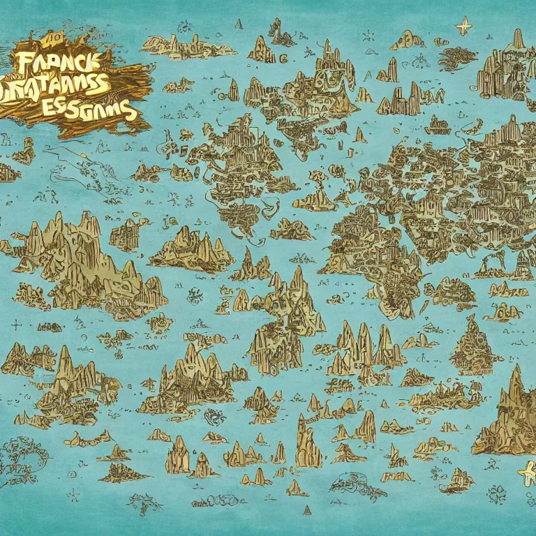 Image similar to imaginary map of different realms, map of fantacy world, different realms, mobile game art, blueprint, infographic, vintage theme, on paper, green jungles + dark mountains + gold desert + blue sea + gray city, with notes, highly detailed, hyper realistic