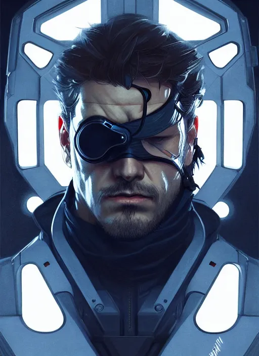 Image similar to symmetry!! portrait of solid snake, metal gear solid, tech wear, glowing lights!! intricate, elegant, highly detailed, digital painting, artstation, concept art, smooth, sharp focus, illustration, art by artgerm and greg rutkowski and alphonse mucha