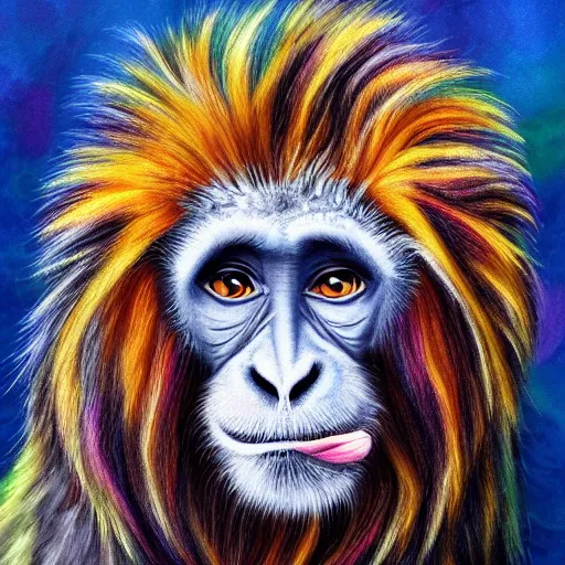 Prompt: portrait of a cute fluffy baby monkey with giraffe spots and long colorful flowing lion mane with mohawk hairstyle hybrid animal detailed painting 4 k