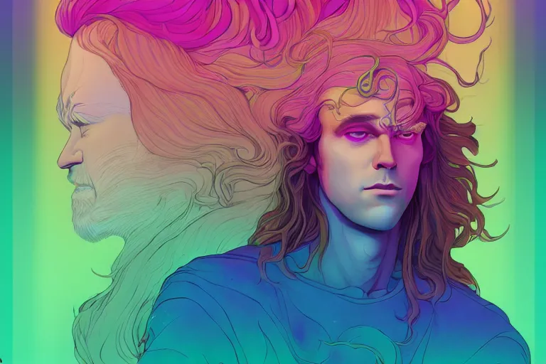 Image similar to cell shaded, muted vaporwave ombre. double exposure, druid of creativity, flowing hair, beautiful character fashion design, by josan gonzalez, shag, nagel, and paul lehr and david heskin and seb mckinnon and jared s. merantz and alex grey, hi - fructose, 8 k, digital matte painting