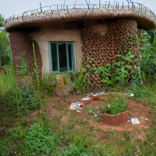 Prompt: beautiful overgrown Earthship home made from clay cob with permaculture garden