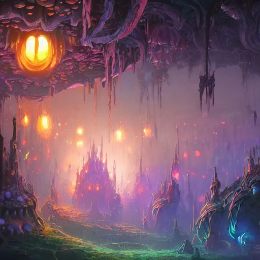 Image similar to concept art detailed painting of a dark purple fantasy fairytale fungal town made of mushrooms, with glowing blue lights, in the style of jordan grimmer and neil blevins and wayne barlowe