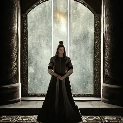 Prompt: the elder scrolls vi, charismatic gracious humble regal brunette female jarl, portrait, throne room, atmospheric lighting, painted, intricate, volumetric lighting, beautiful, daytime, sunny weather, slight overcast, sharp focus, deep colours, ultra detailed, by leesha hannigan, ross tran, thierry doizon, kai carpenter, ignacio fernandez rios