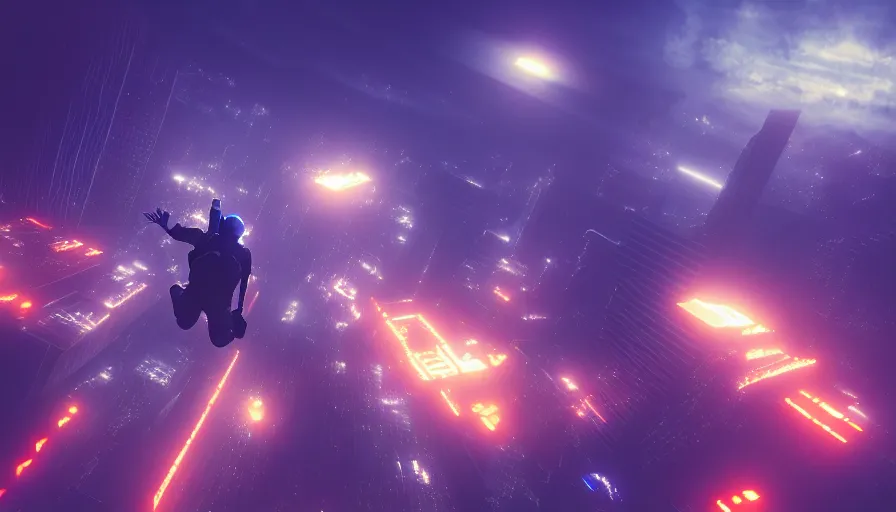 Image similar to man skydiving in dark cyberpunk city with clouds, digital art, volumetric lighting, dystopia, artstation, concept art, painting