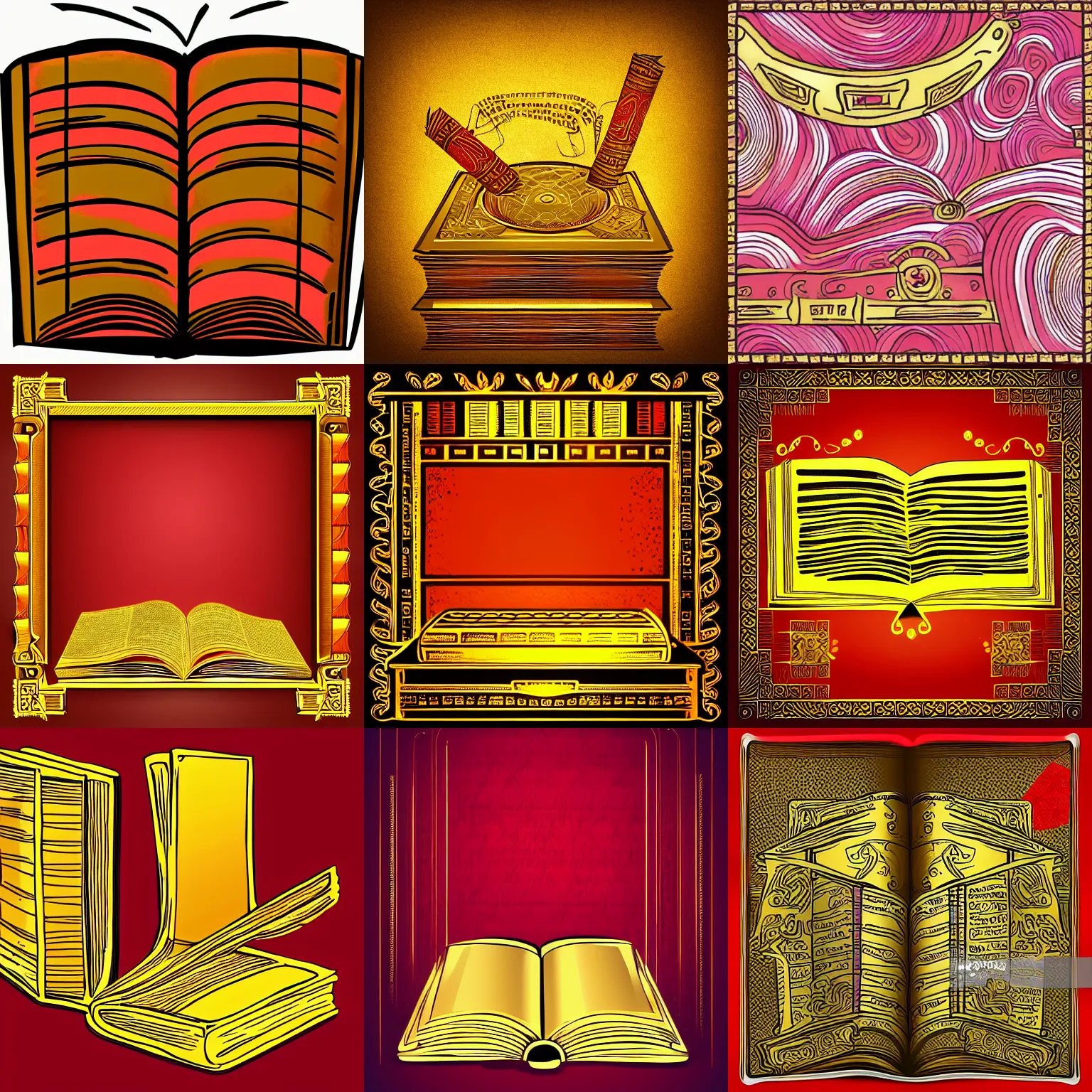 Prompt: golden ancient book, background red speed lines, cartoon