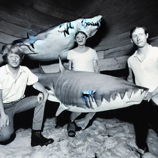 Image similar to marine biologists pose next to megladon shark, caught giant shark, scientists posing, they keep some distance, hanging shark, national geographic photo 1 9 7 0 s, fugifilm