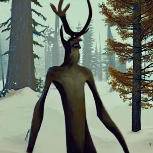 Image similar to realistic found cctv footage of wendigo sighting