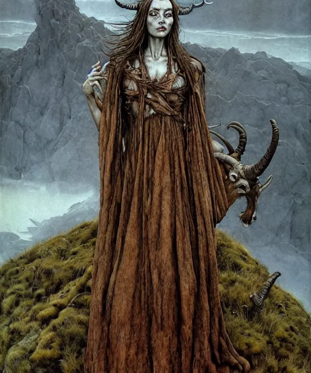 Image similar to A detailed horned goatwoman stands among the hills. Wearing a ripped mantle, robe. Perfect faces, extremely high details, realistic, fantasy art, solo, masterpiece, art by Zdzisław Beksiński, Arthur Rackham, Dariusz Zawadzki