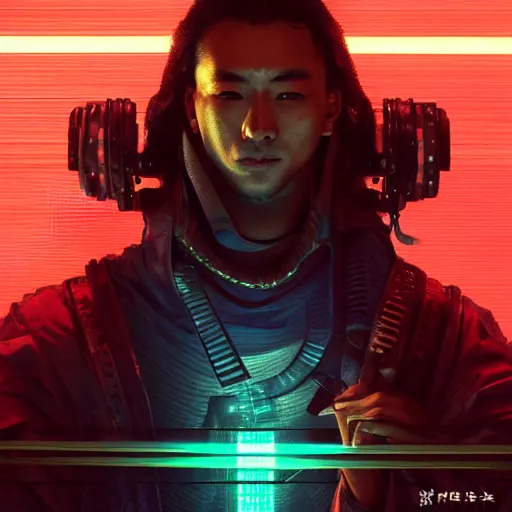 Image similar to cyberpunk samurai, with techware, subject centered in the frame, golden ratio, rule of thirds, volumetric lighting, prismatic neon accents, D&D, intricate, elegant, highly detailed, digital painting, japanese , altered carbon style, trending on artstation, unreal engine 5, octane render, redshift, concept art, art by Artgerm and Greg Rutkowski and Alphonse Mucha