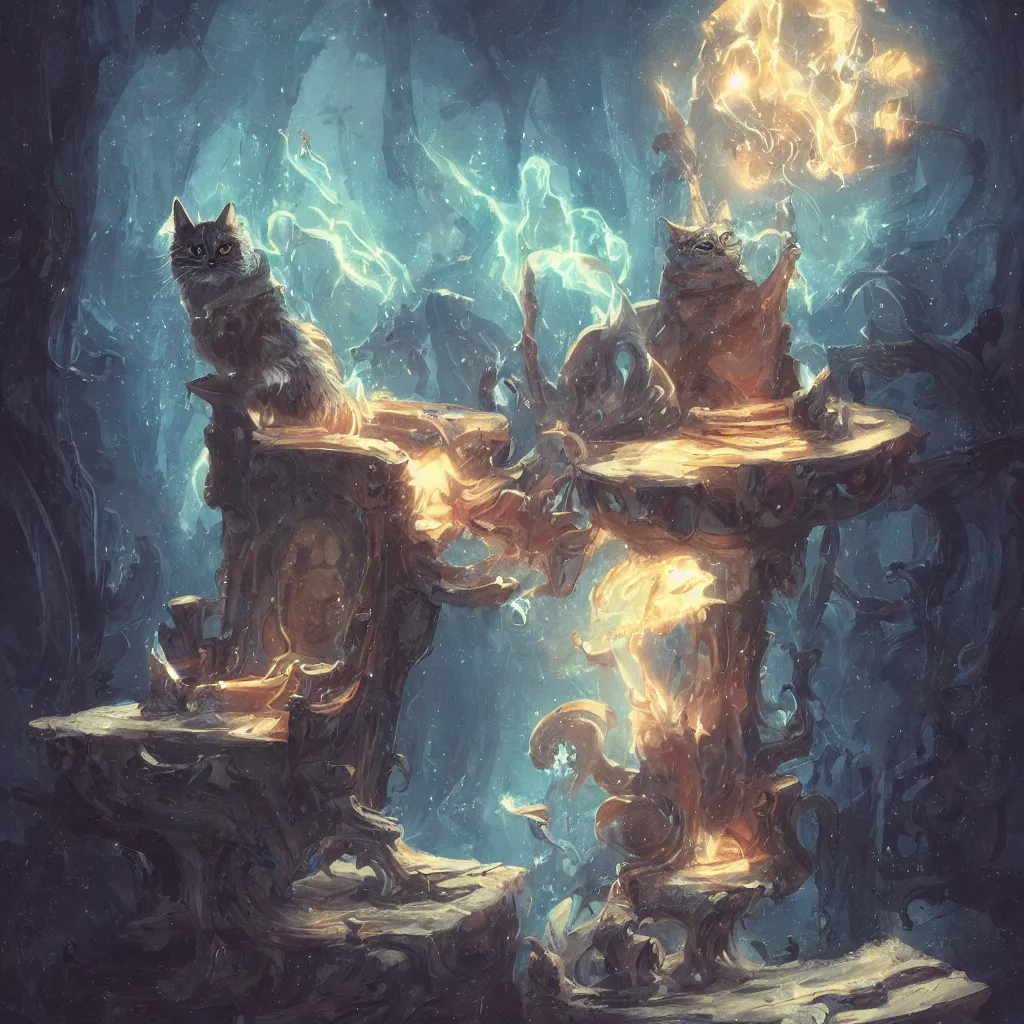 Image similar to anime cat with cloak laying on a magical wood carved chair, super powers, glowing tiny blue lines, concept art, by greg rutkowski, overdetailed art