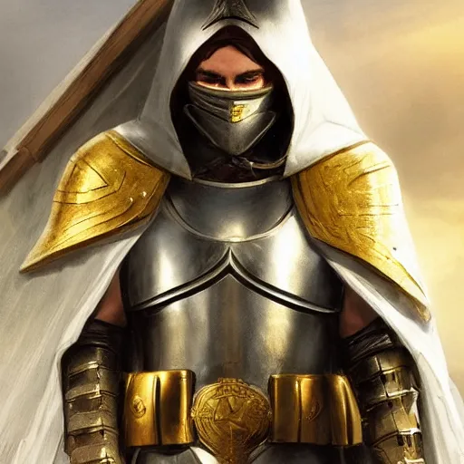 Prompt: man in crusader armor and white cape with yellow kingdom of jerusalem emblem on it drawn by greg rutkowski realistic high detail