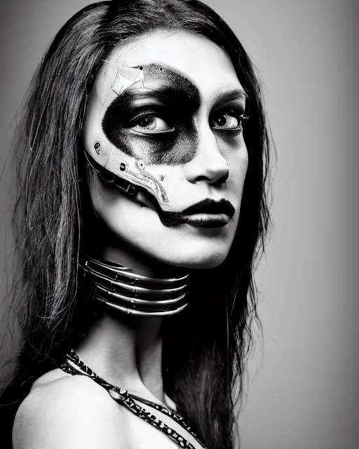 Image similar to a profile portrait, a stunning young woman - crow - cyborg, editorial photography, bw, shot on 7 0 mm, depth of field, f / 2. 8, high contrast, 1 6 k, volumetric lighting, shiny, insanely detailed and intricate, hypermaximalist, elegant, ornate, hyper realistic, super detailed