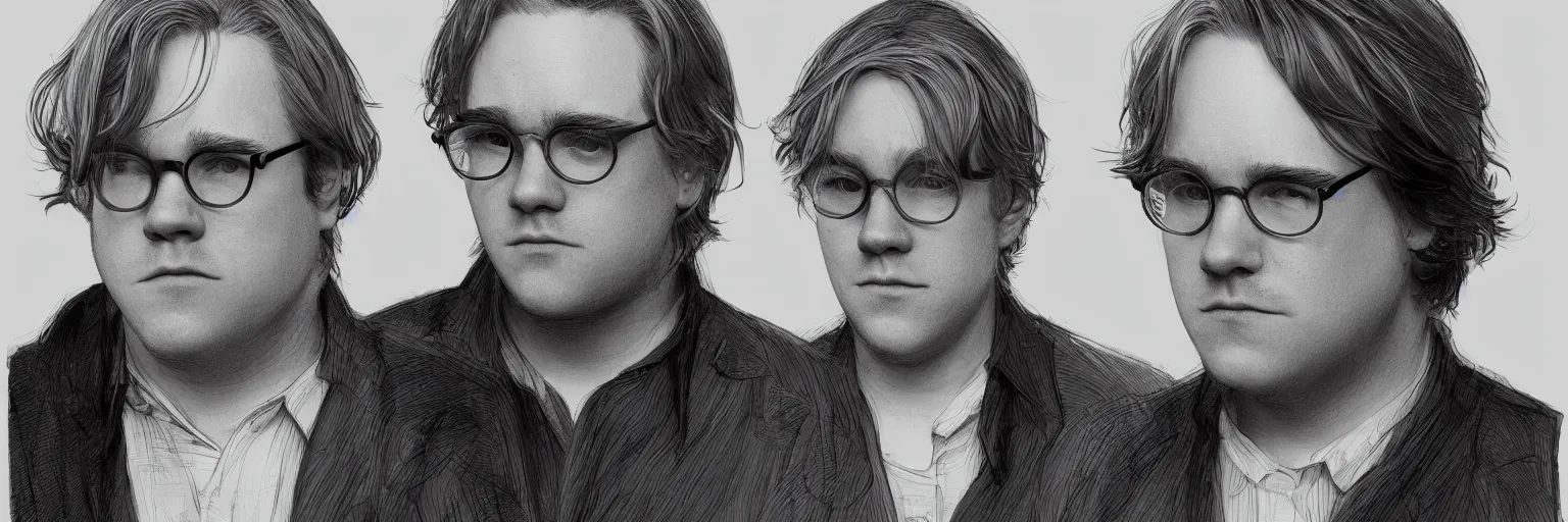 Image similar to character study of philip seymour hoffman and paul dano, 2 0 2 2, clear faces, emotional, character sheet, fine details, concept design, contrast, kim jung gi, pixar and da vinci, trending on artstation, 8 k, full body and head, turnaround, front view, back view, ultra wide angle