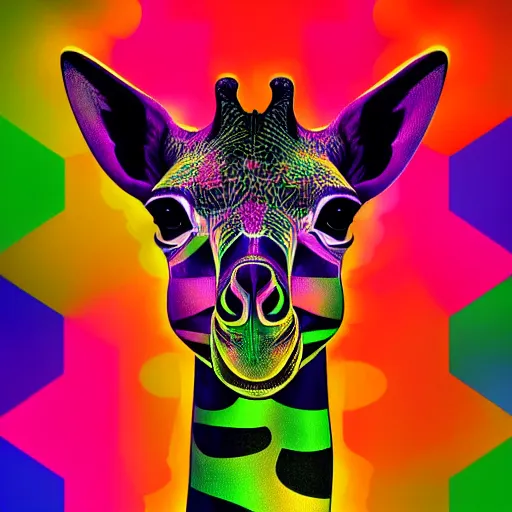 Prompt: a psychedelic neon technicolor portrait illustration of a giraffe in geometric kaleidoscopic colors trending on artstation 4 k intricate extremely detailed digital art