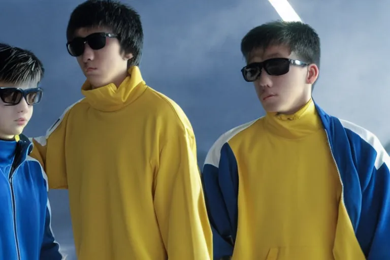 Prompt: white teenager with long dark dirty blonde hair and a goatee, greyish blue eyes, sunglasses, black and yellow tracksuit, with an asian boy with curtain-styled feathered black hair, red turtleneck, blue parka, the sopranos, film still, dramatic lighting,