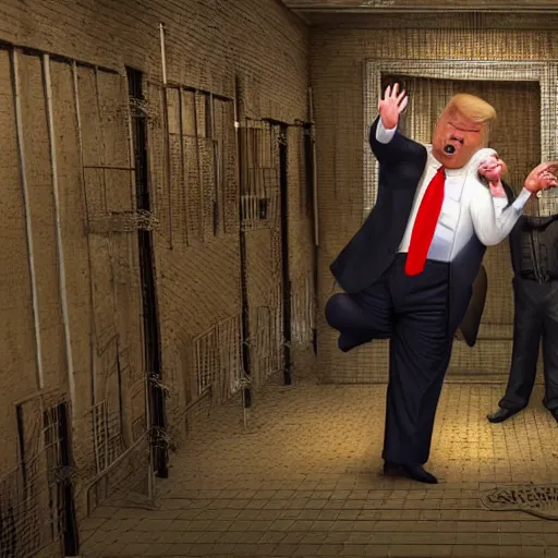 Prompt: trump crying as a large man dances on him from behind in a prison cell, intricate detail, finely detailed, small details, extra detail, photorealistic, high resolution, vray, hdr, hyper detailed, insane details, intricate, elite, ornate, elegant, luxury, dramatic lighting, octane render, weta digital, micro details, 3 d sculpture