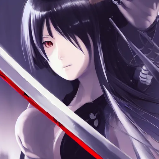 Prompt: advanced digital anime art, girl with silver and red eyes with long black hair wielding a katana , painted by RossDraws in the style of Makoto Shinkai, ,cyberpunk, very high detail, medium sensor , Gaussian blur, f/15 , 35mm —W 1920 —H 1080