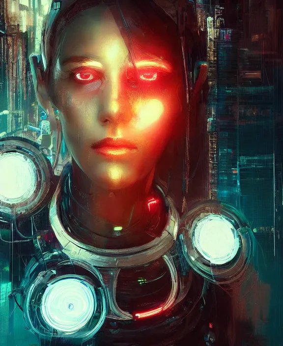 Prompt: portrait of cute female robot, wires, neon lights, striking eyes, cyberpunk, highly detailed painting by jeremy mann and cd projekt red