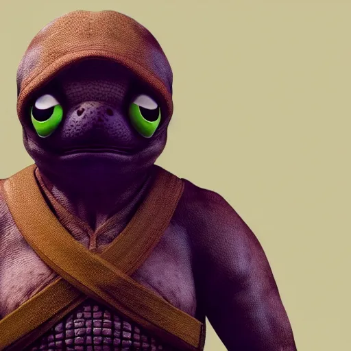 Prompt: a sadge - sad - pepe - the - turtle - ninja, looking more depressed than usual, quivering lips, fists in the air, sweat flying, cgi render, zbrush, octane, keyshot render