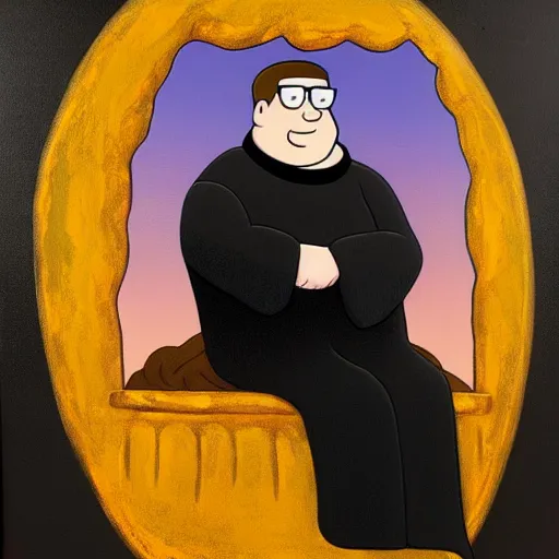 Image similar to Peter Griffin wearing a black robe and sitting on a golden throne on the moon, oil on canvas,